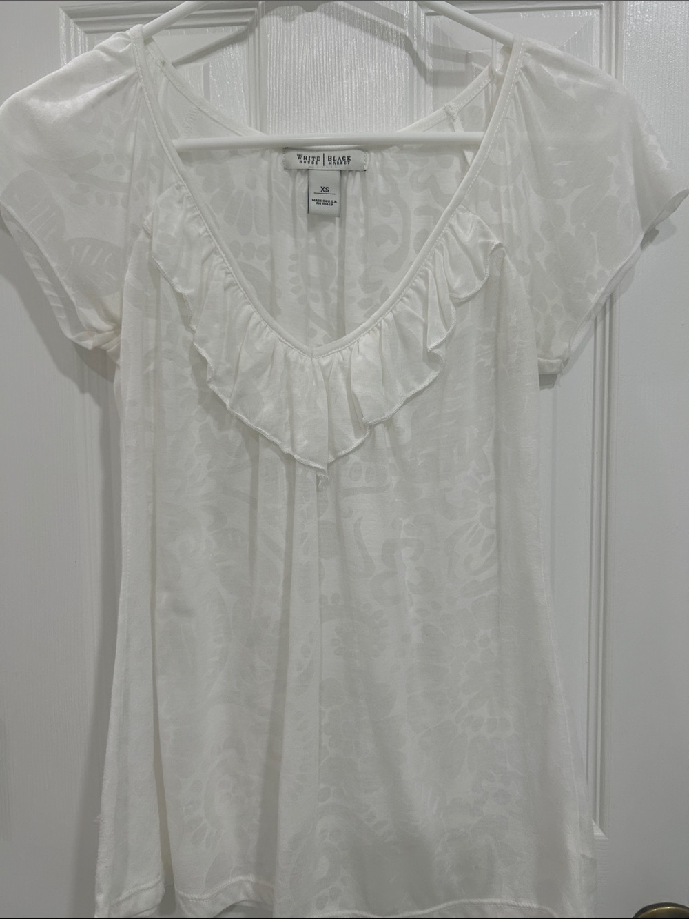 White House Black Market White Ruffle Scoop Neck Sheer Blouse